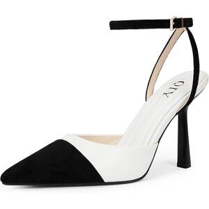 Women White/black Pumps Stiletto Wedding Dress Closed Toe Ankle Strap Heel Shoes